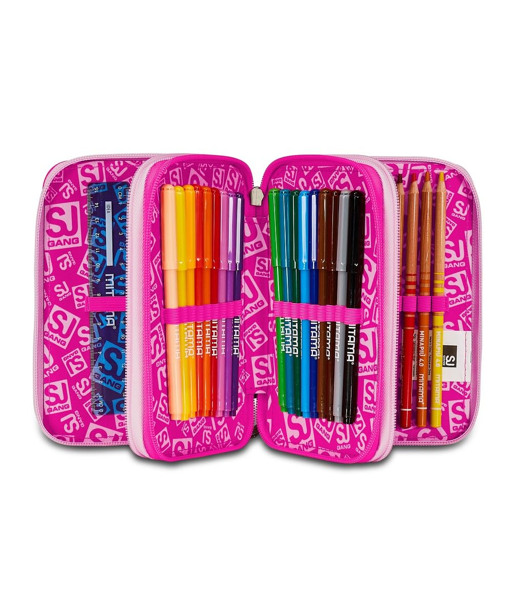 Seven Zaino Scuola SJ GANG CUCCIOLI, Rosa, Estensibile tramite Zip, Bambina + Portapenne + Astuccio 3 zip
