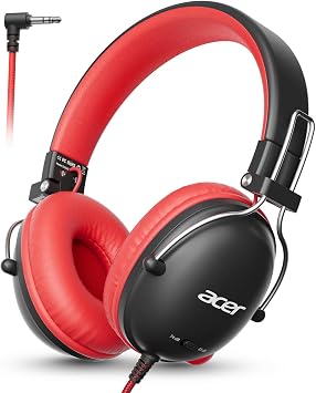 Acer Kids Headphones Wired for School, 74-85dB Limiter, Black Red OHW342 | Foldable on-ear Stereo Sound, no Mic, 3.5mm Jack,for Kids Boys Girls Classroom Travel Chromebook iPad Tablets