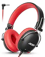 Acer Kids Headphones for School, 74/85dB Safe Volume, Kids Headphones with Cord, 3.5mm Jack, Stereo Sound Wired On-Ear Headphones for Airplane Travel, Boys, Girls, Chromebook, Kids Tablet, Black Red