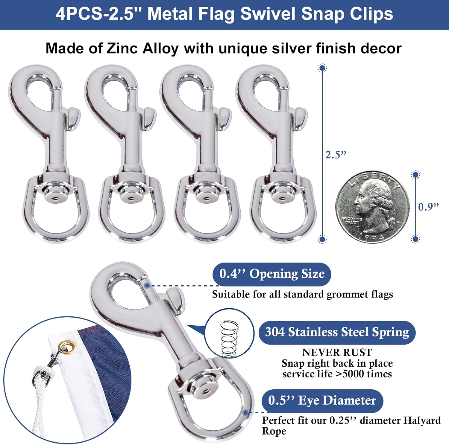 NQ Flagpole Hardware Repair Parts Kit-50 Feet Halyard Rope +3" Silver Ball+6" Zinc Alloy Cleat +4 PCS Metal Swivel Snap Clips+Aluminum Alloy Flagpole Truck with Nylon Pulley for 1.6"-2" Flag Poles Top : Patio, Lawn & Garden