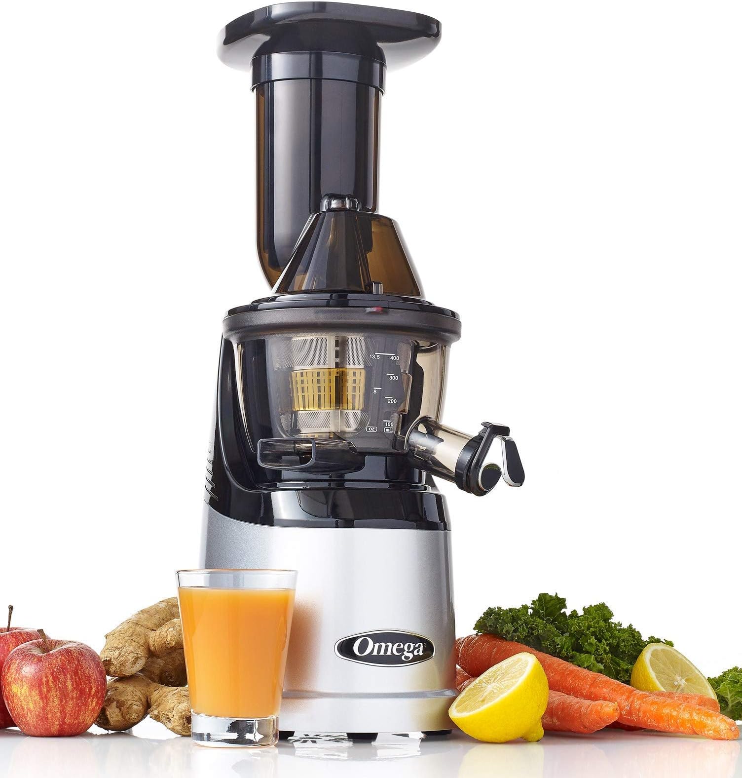 Omega Juicers MMV700S MegaMouth Vertical Low Speed Quiet Juicer with Smart Cap Spout Tap, Silver (Renewed)