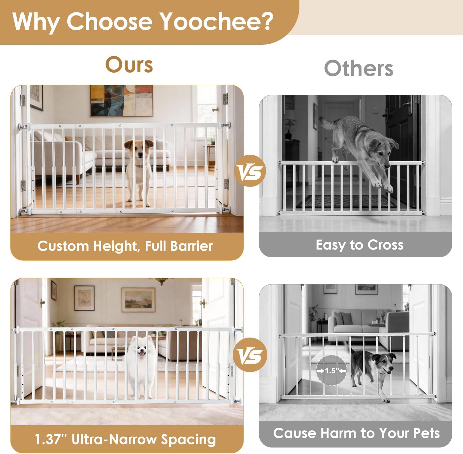 10''-15.8'' Height Adjustable Dog Gate, Extra Wide 18.1"-46" All Metal Short Dog Gate to Step Over, Pressure Mount Small Pet Puppy Gate for Stairs & Doorways(White)