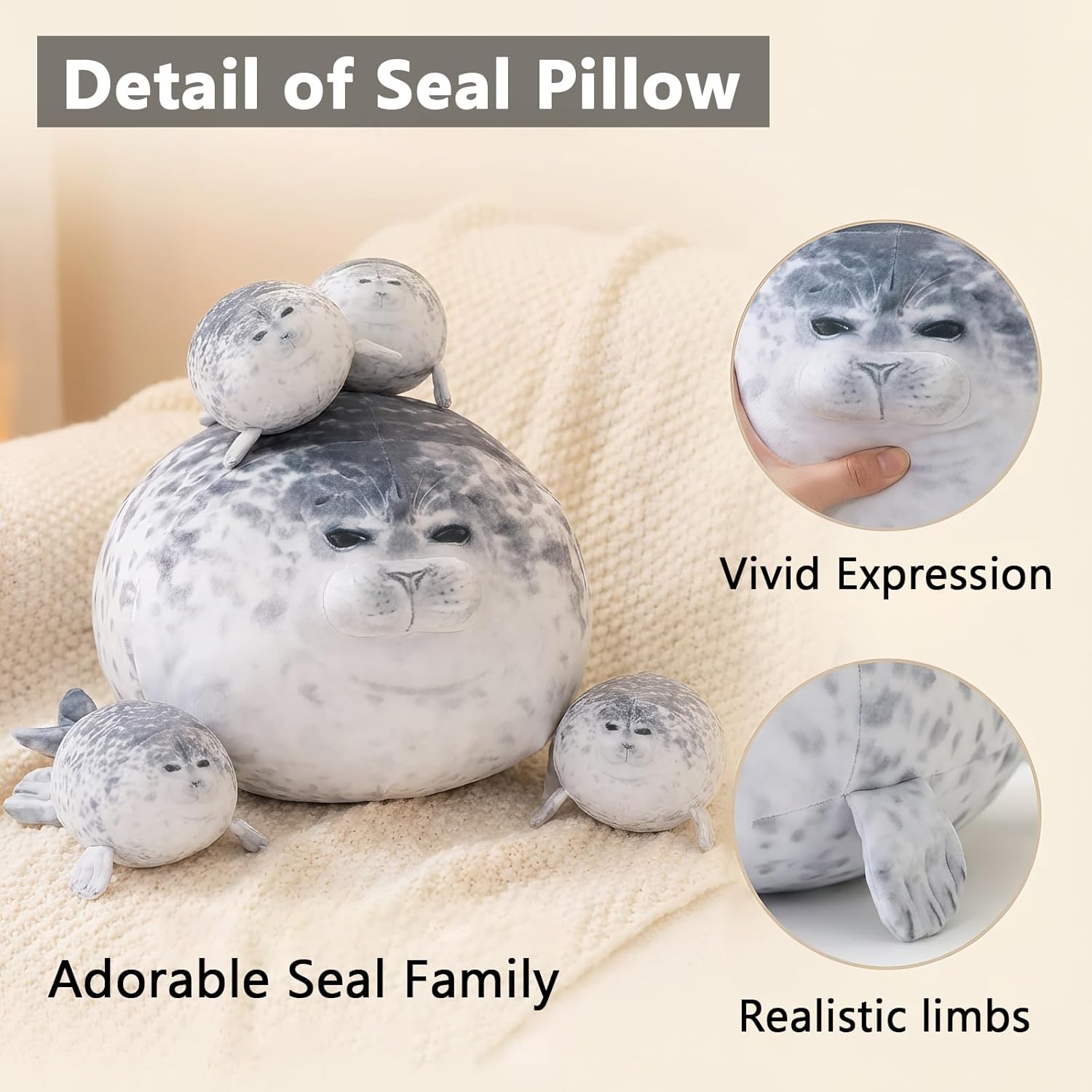 Seal Stuffed Animal Pillow Plush Toy Mommy with 4 Baby Seal Plushies in Her Tummy Large Chubby Cute Seal Hugging Pillow Stuffed Cuddle Plushie Animals Toy Gifts for Kids Girls Boys, 19.7inches - Image 4