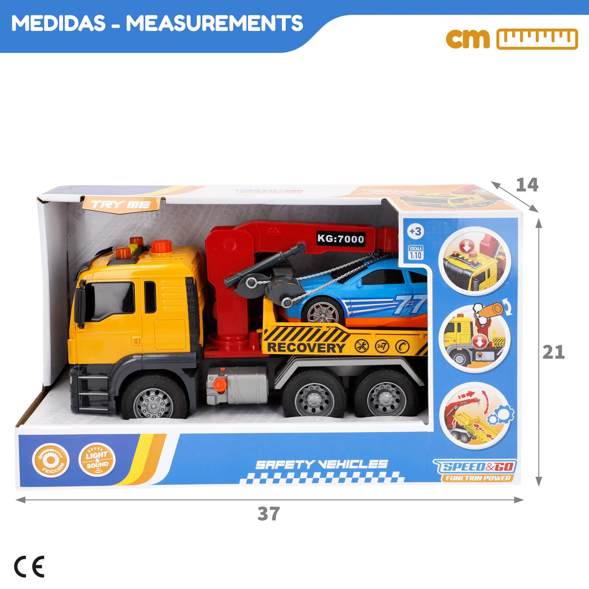 ColorBaby 39058 Speed & Go Camión grúa Juguete, con Luces y Sonidos, Brazo Extensible, Interactivo, Sistema de fricción, Escala 1:10, Coches para niños a Partir de 3 años