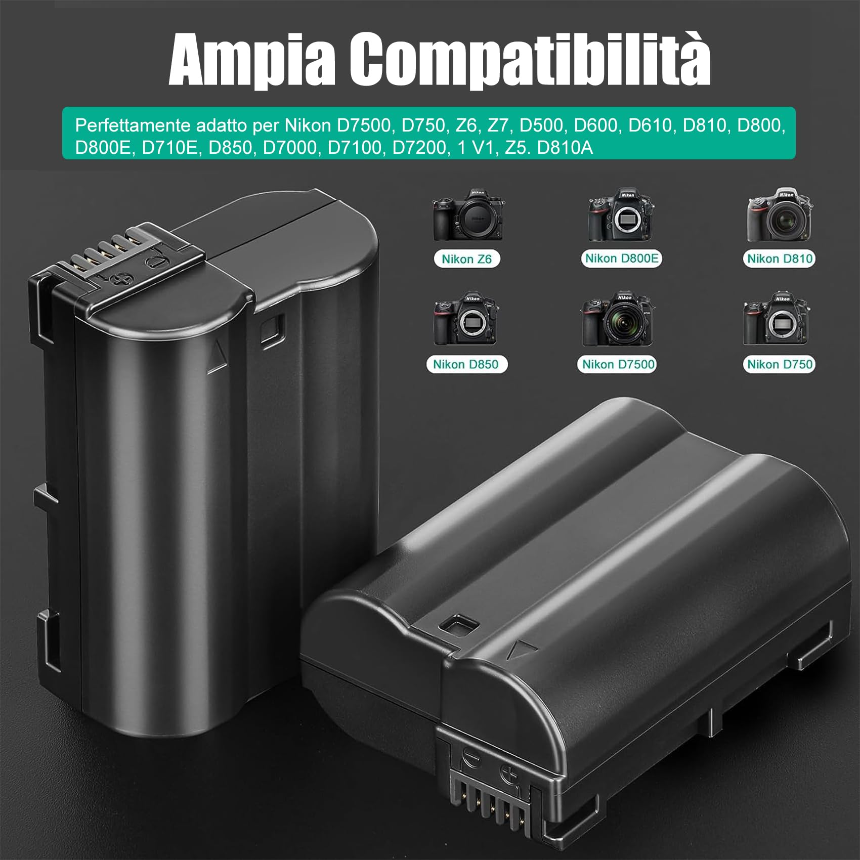 JYJZPB EN-EL15C EN-EL15 EN-EL15B 2200mAh Batterie di Ricambio e Caricabatterie per Nikon D7500, D750, Z6, Z7, D500, D600, D610, D810, D800, D800E, D710E, D7000, D7100, D7200, 2 Confezioni Batterie