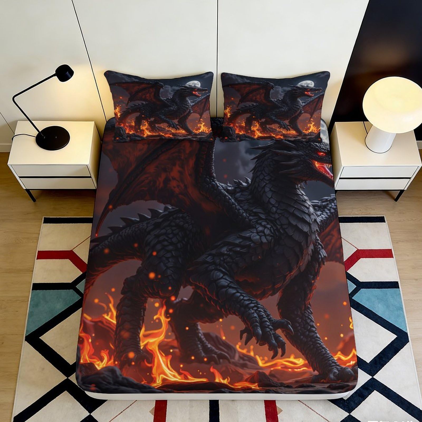 3D Printed Flame Dragon Fitted Sheet Microfiber Deep Pocket Non-Slip Bedroom Bedding Flame Dragon Mattress Fitted Cover Washable Breathable 90x200x25cm