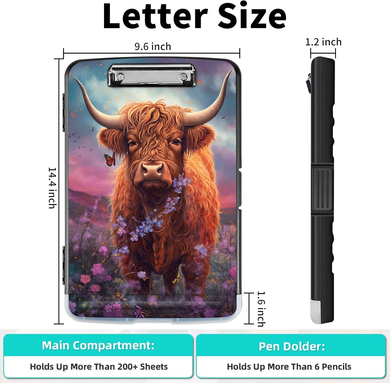 Clipboard with Storage,Pen Holder,Heavy Duty Clipboard Storage Box with Clips for Coaches Folder Case,School Office Supplies-Cute Highland Cow