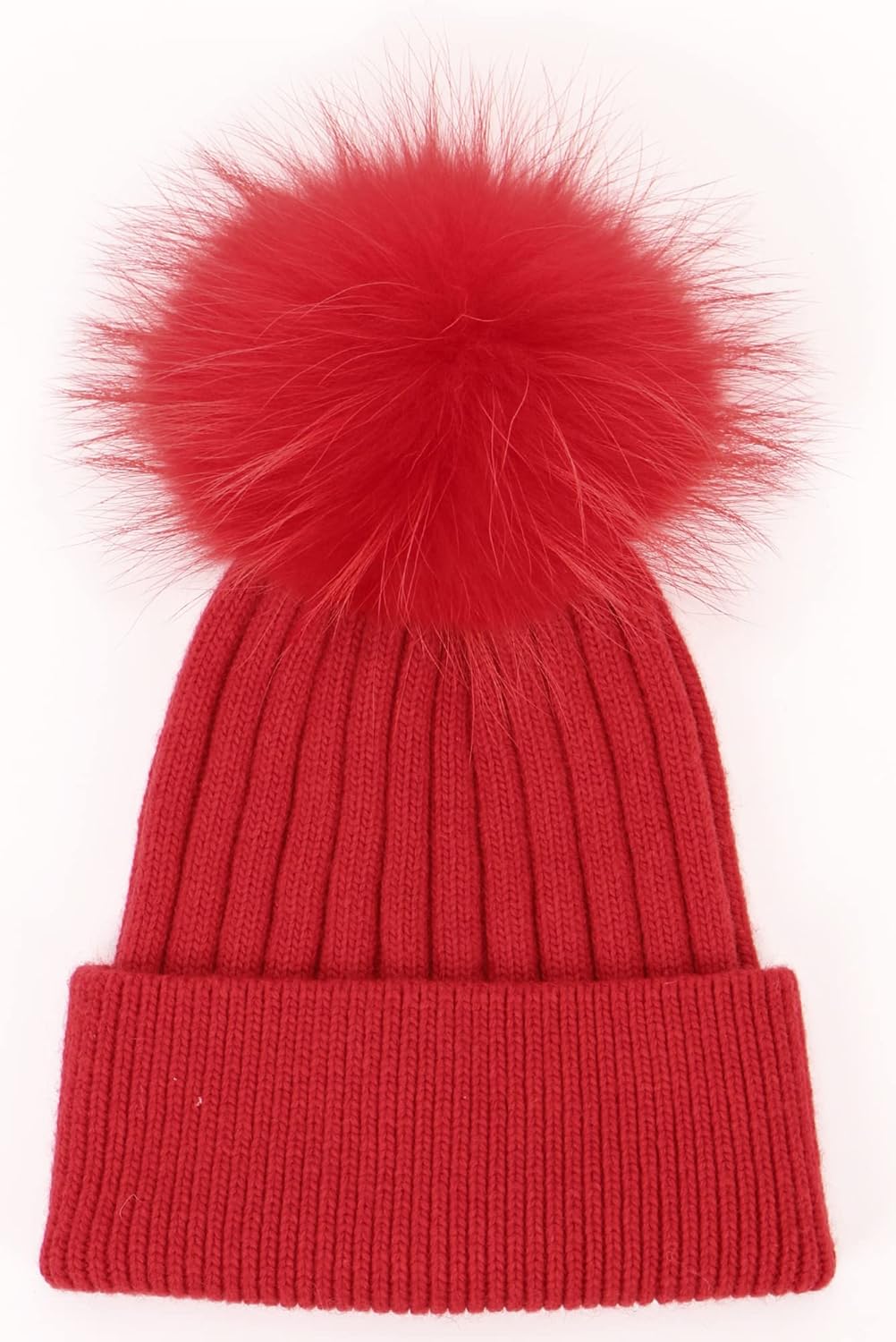 Women's Real Fur Pom Pom Cashmere Blend Winter Ribbed Knit Cuffed Beanie Skull Cap Hat with Fur Pom Beanie Hat - Image 3