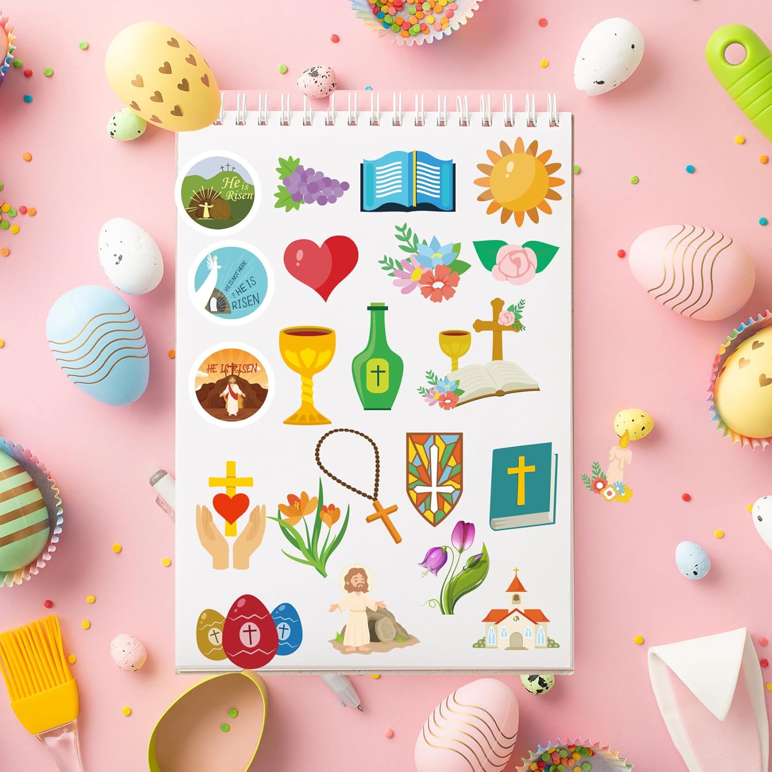 585PCS Easter Stickers Religious,30 Sheets Christian Easter Stickers,He is Risen Stickers for Kids Envelopes Cards,Easter Party Supplies Favors