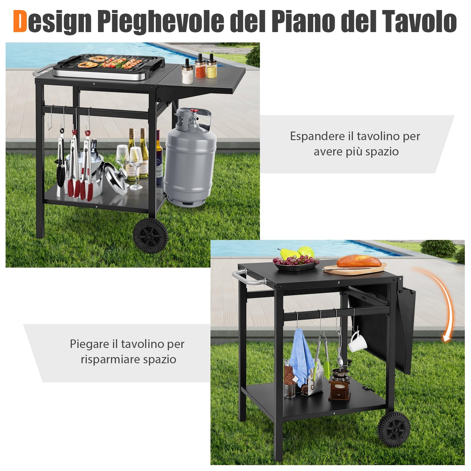 GYMAX Carrello da Cucina a 2 Piani con 2 Ruote, Carrello Multifunzionale con Piano Pieghevole, 4 Ganci Metallici, Maniglia Laterale, Servizio per Barbecue Esterno