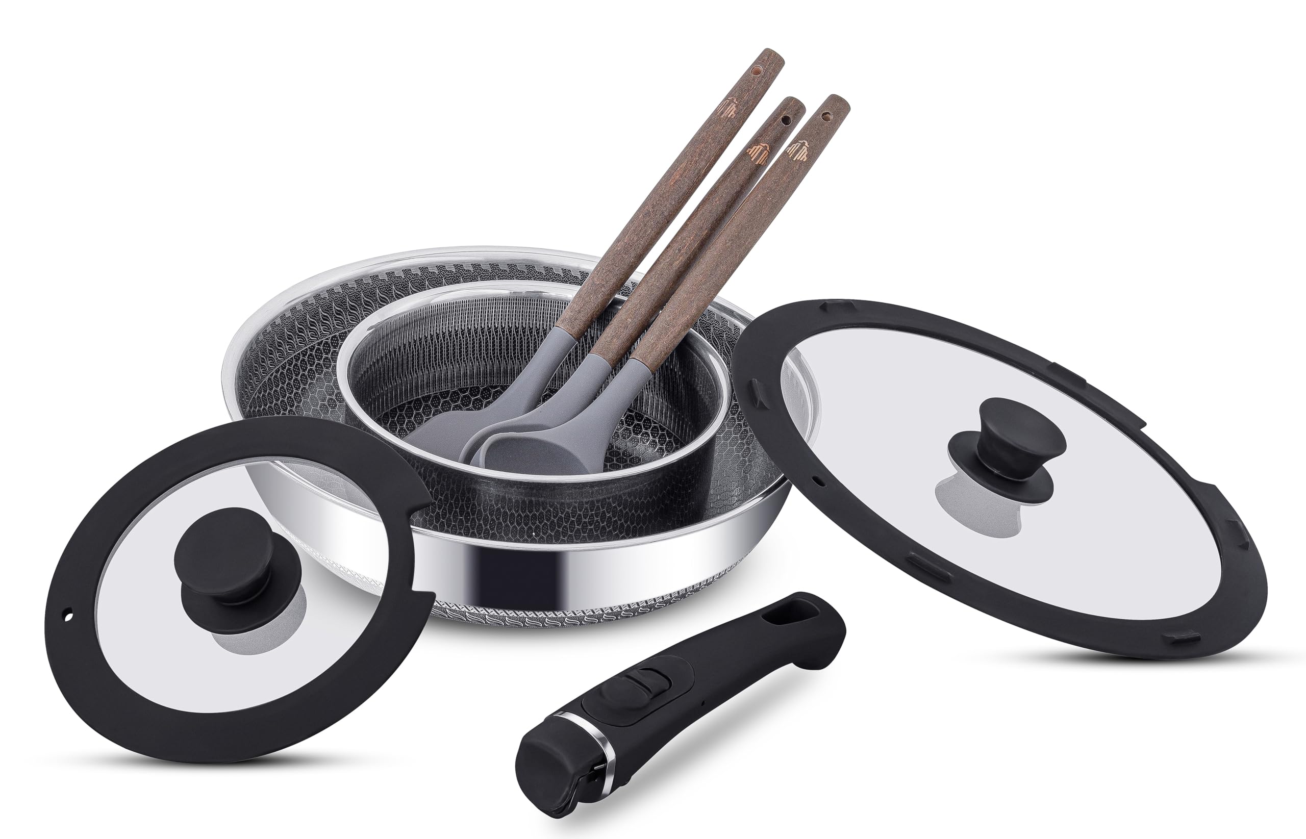Set di pentole con manico intelligente rimovibile, 8 pezzi, set di pentole da campeggio impilabili, pentole e padelle salvaspazio, set da cucina in acciaio inossidabile, padella profonda 28 cm 4,5 l