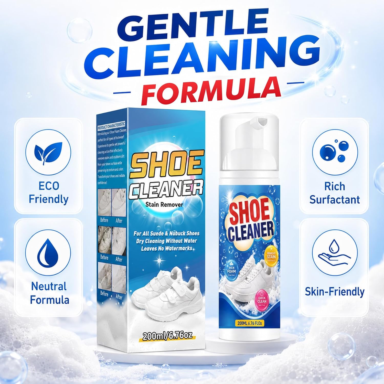 Shoe Cleaner 6.76 fl oz (200ml) – Sneaker Cleaner Foam, Shoe Cleaning Kit with Brush & Towel, White Shoe Cleaner for Stains & Dirt, Safe for Leather, Canvas, Mesh & Rubber Sneakers