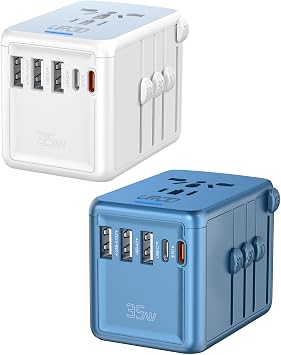 Universal Travel Adapter 35W PD Fast Charging Offers 3X2.4A USB-A Ports, 2X USB-C Ports and Multi AC Outlet, International Plug Converter Worldwide Travel Charger All in One for EU US UK AUS