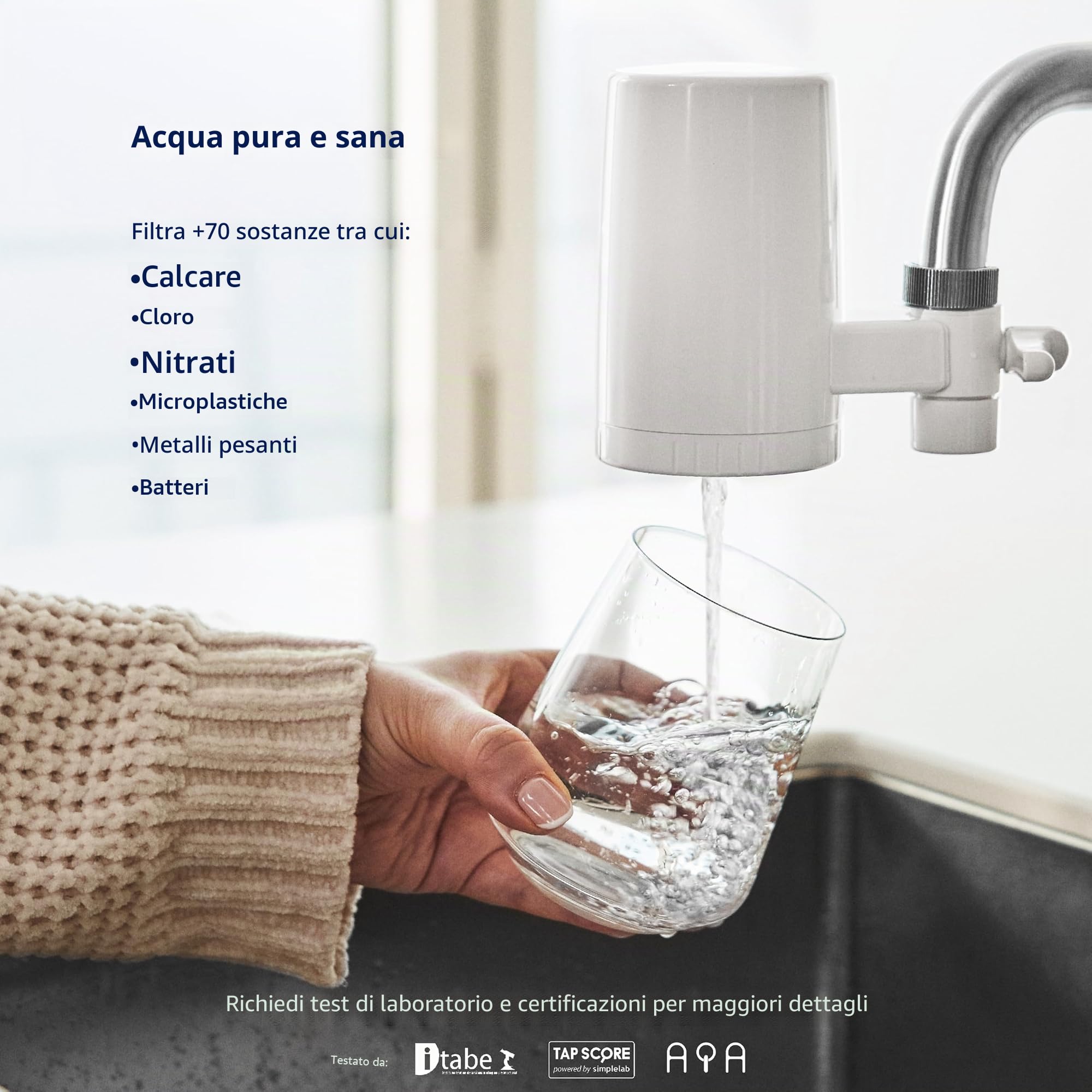 Tappwater Essential - Sistema di filtraggio per rubinetto – Depura acqua, filtra cloro, sedimenti, ruggine, nitrati, pesticidi - Elimina odori e sapori sgradevoli. Filtri rubinetti lavandino