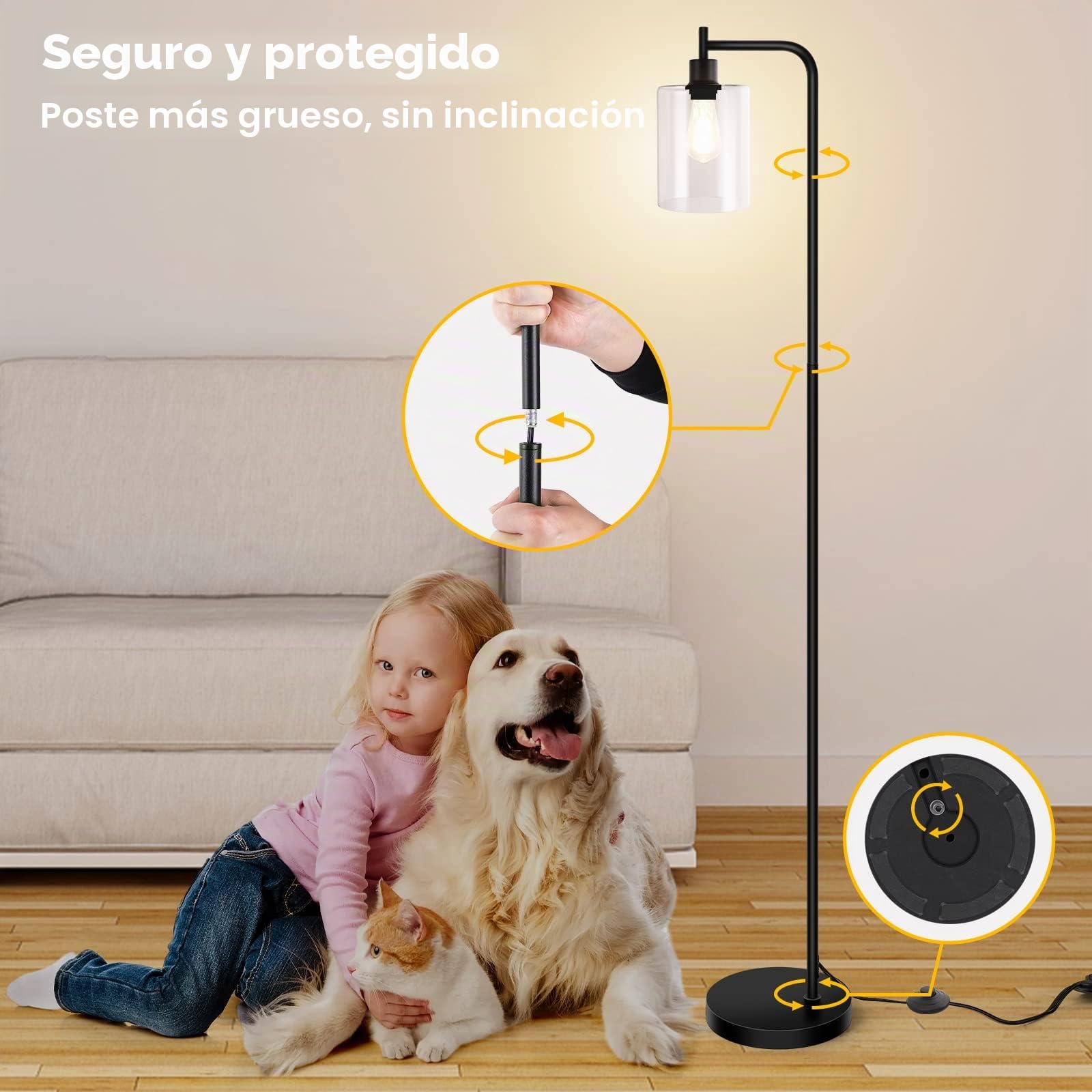 Lampara de Pie Salon Negro,Lámpara de Pie Industrial Regulable con Pantalla de Cristal Transparente,Mando a Distancia y Control de Pie, Lámpara LED Proporciona 800 lm de Luz Blanca (2700K-6500K)