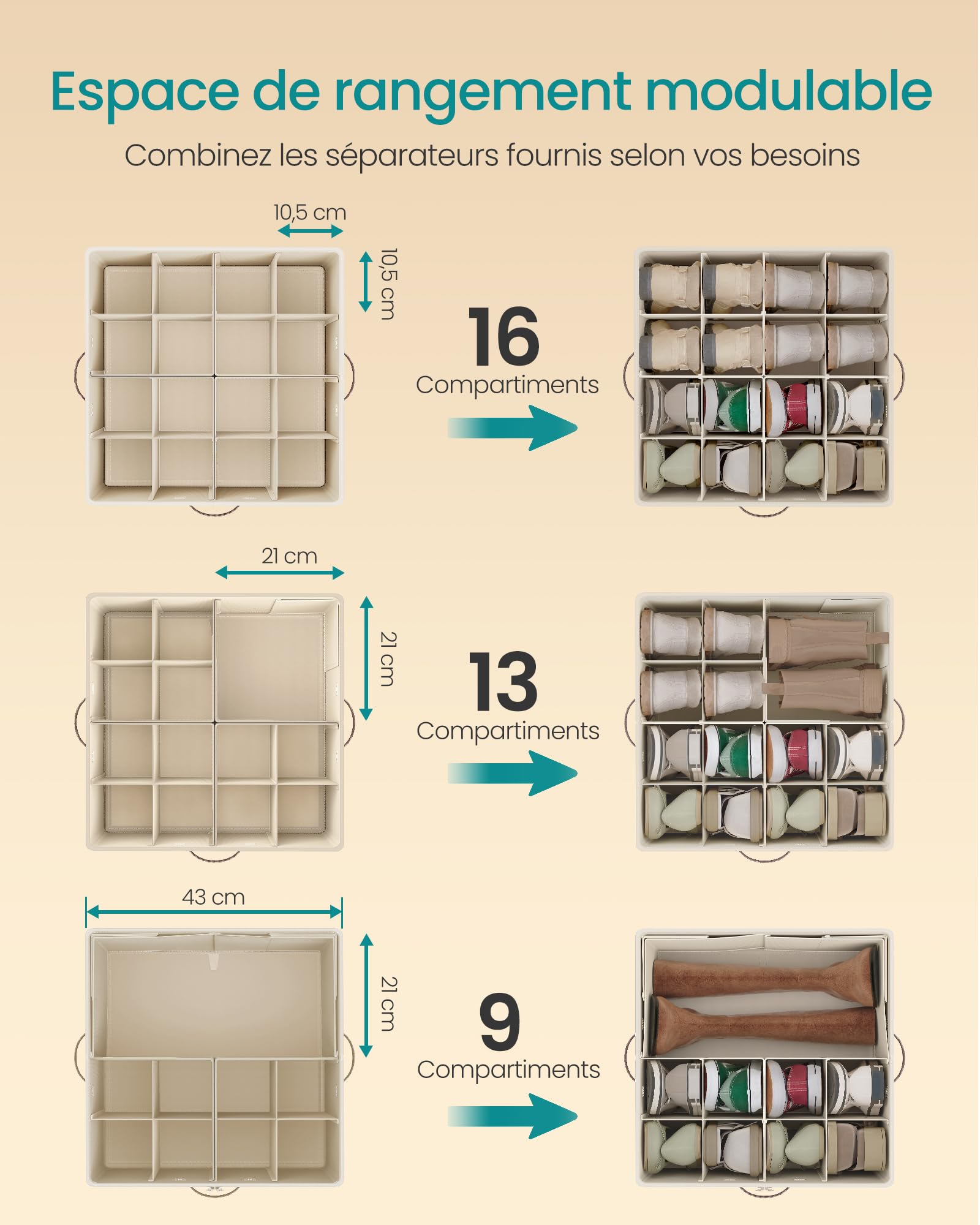 SONGMICS Organiseur de Chaussures, pour jusqu’à 16 Paires, Boîte de Rangement Gain de Place, Séparateurs Réglables, Empilable, Couvercle Transparent, Lot de 2, Beige Cappuccino LSP622LH01
