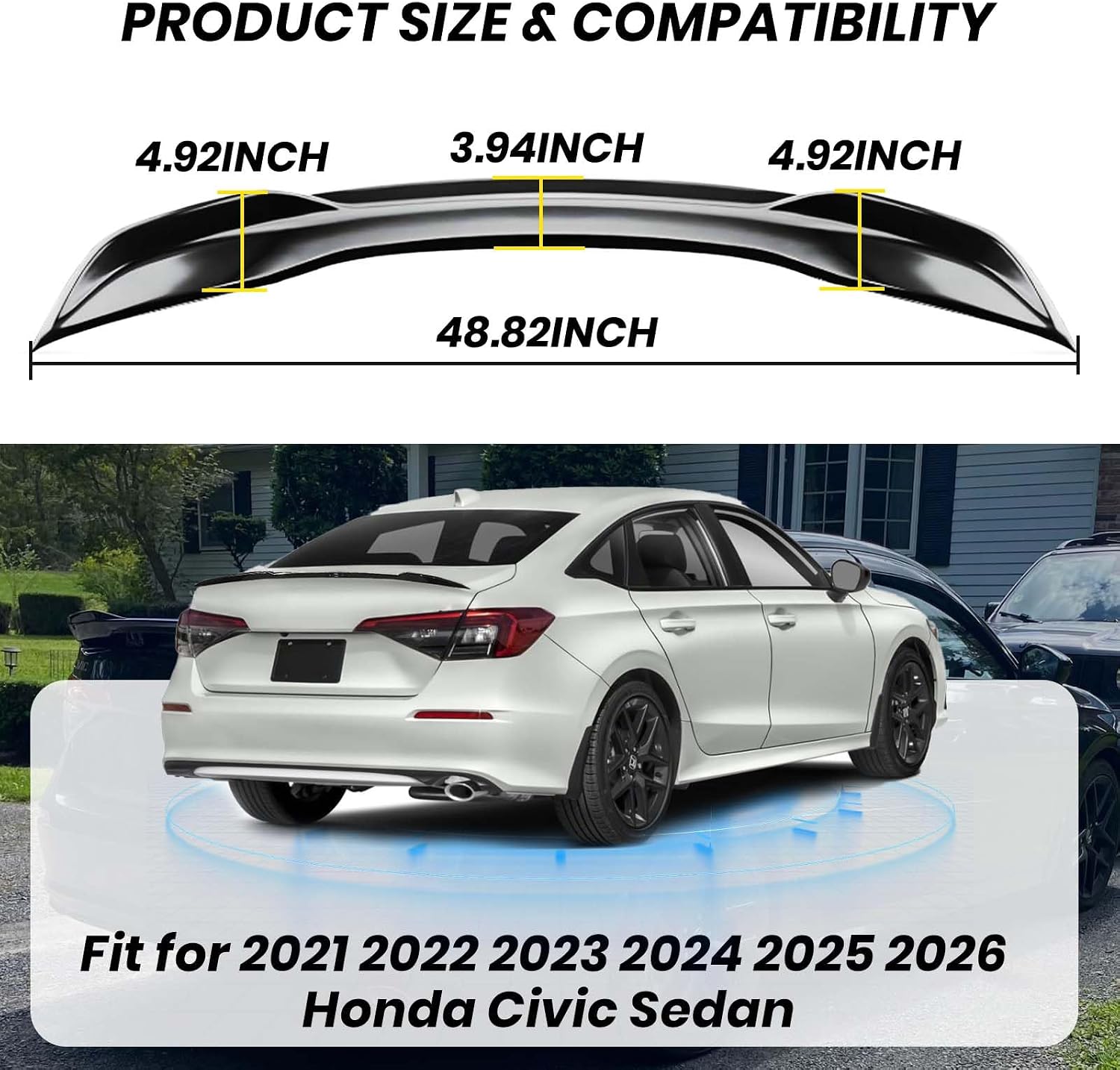 Honda Civic Spoiler Compatible with 2022 2023 2024 2025 2026 11th Gen Sedan Rear Trunk Spoiler ABS Car Accessories (Glossy Black)