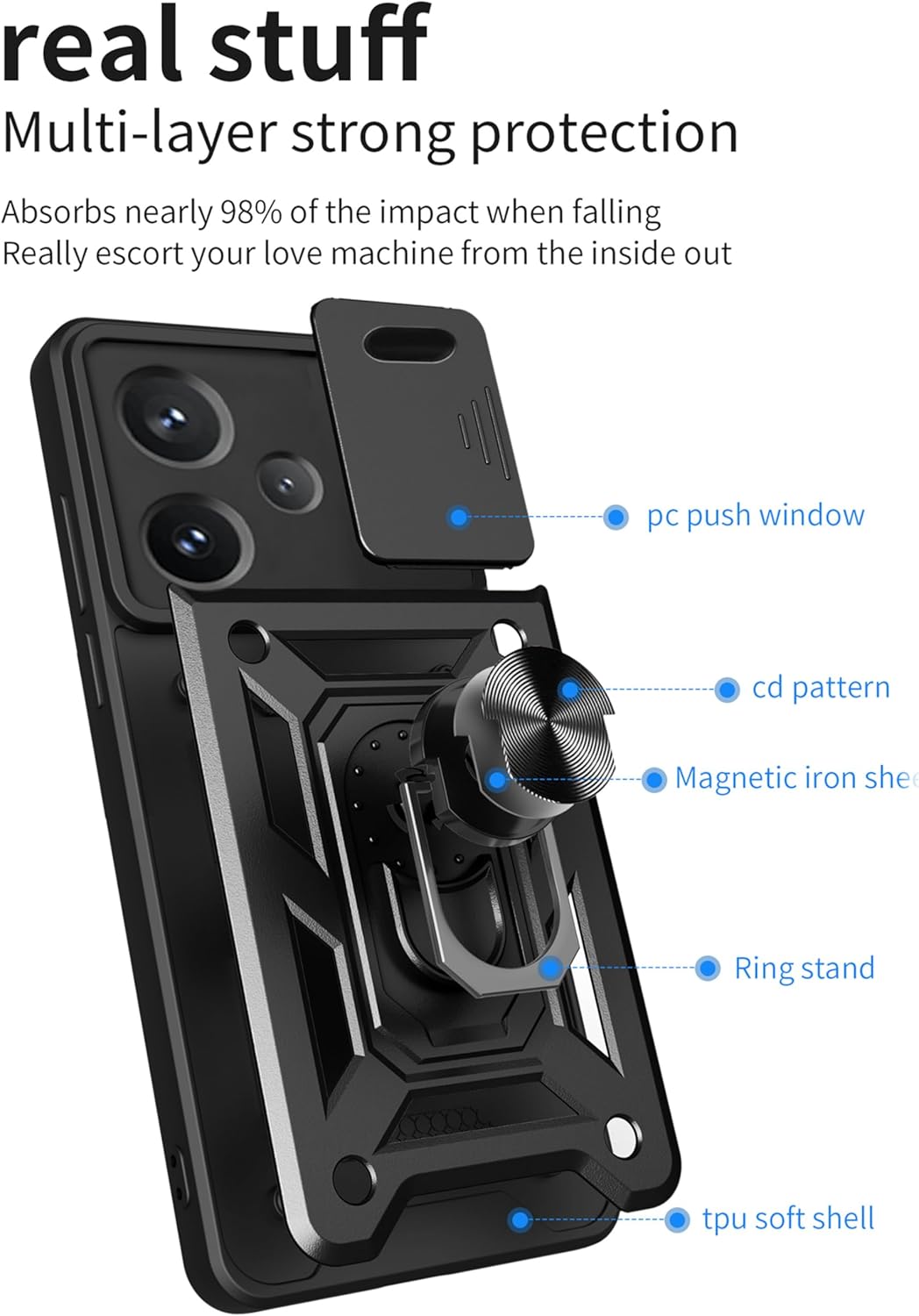 CSmall for Xiaomi Redmi Note 13 Pro+ 5G Case with Slide Camera Cover, Military Grade Rugged Shockproof Protective Phone Cover Case with Ring Kickstand for Redmi Note 13 Pro Plus 5G SJ Black - Image 8