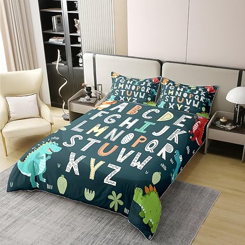 Miniatura 3 de Juego de funda de edredón de 100 % algodón para niños y niñas, diseño de dinosaurio de caricaturas, juego de ropa de cama educativa para niños y