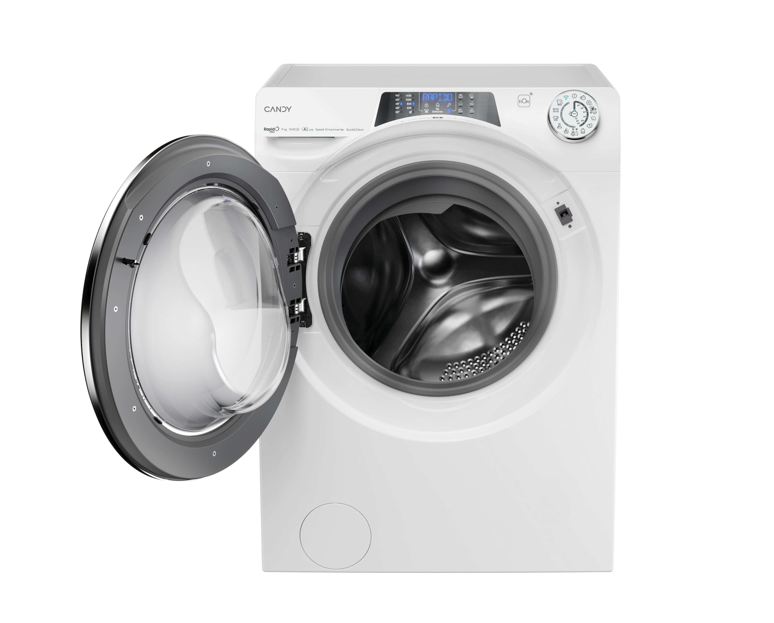 Candy RapidÓ PRO Lavatrice Slim 9 Kg 1400 Giri, Classe A -40%, Motore Inverter, Wi-Fi e Bluetooth, Programmi Rapidi, Funzione Vapore, App hOn con 60+ Cicli, 60x58x85 cm, RP496DWMB12/1-S