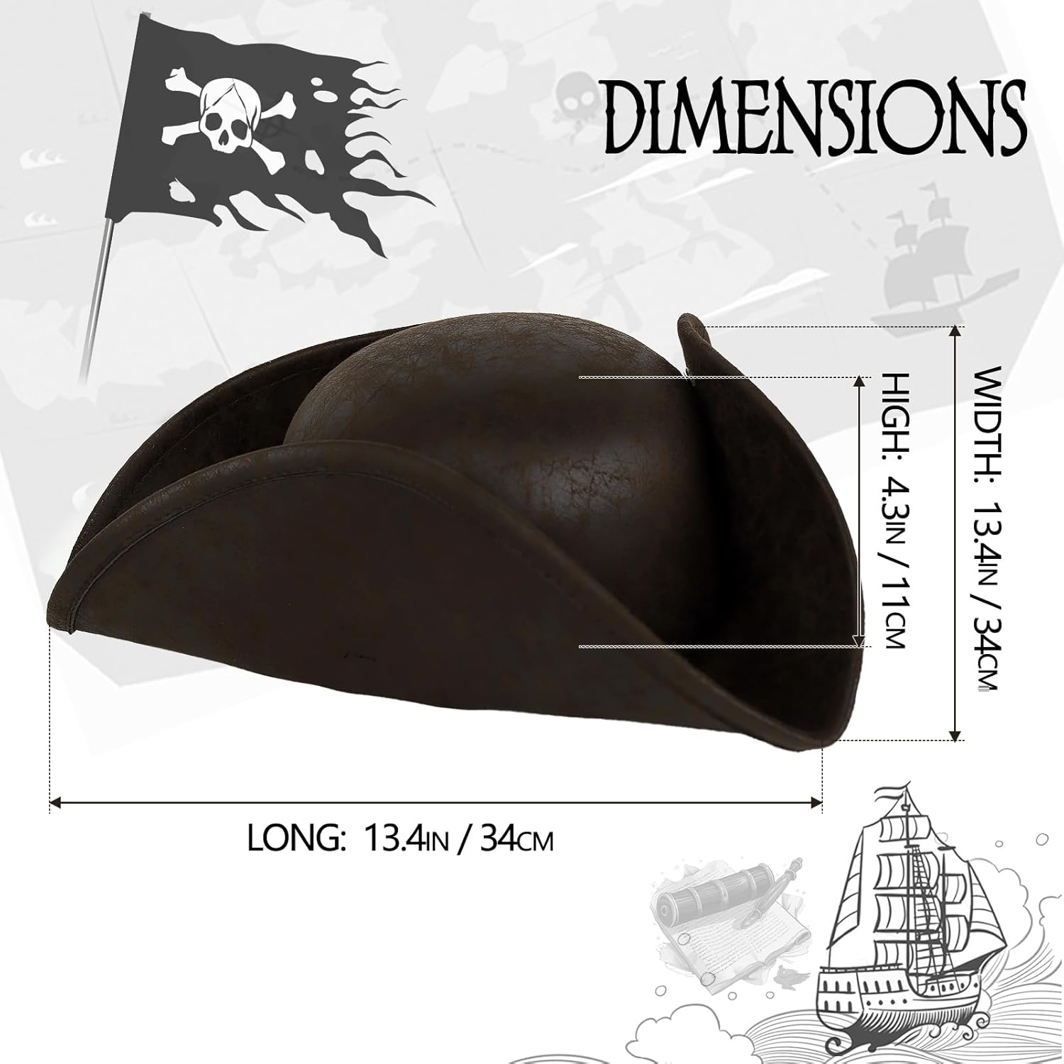VZQI Pirate Hat Distressed Colonial Style Tricorn Hat for Adult Halloween Costume Accessory Pro - Image 3