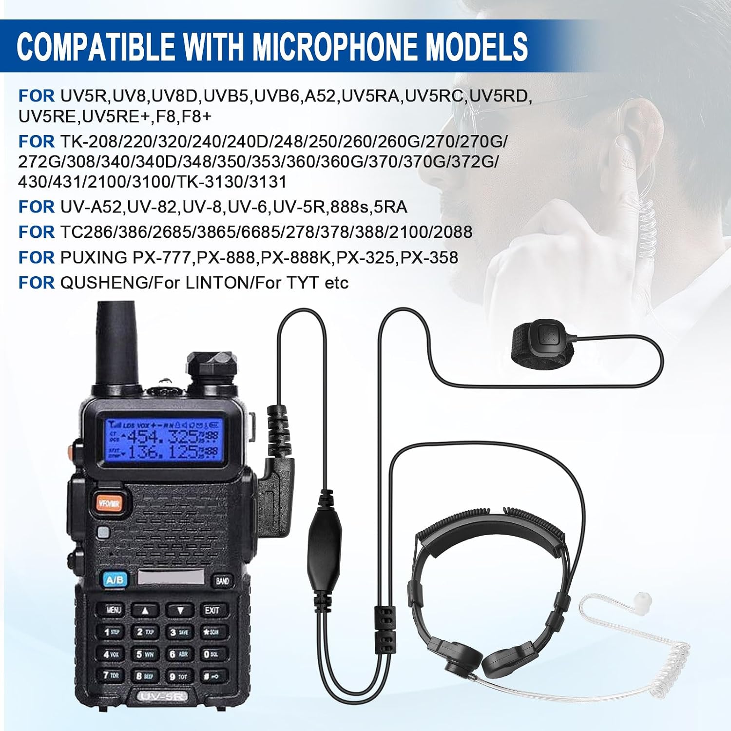 5 Pack Tactical Throat Mic Headset Earpiece for Baofeng UV5R UV5R+ UV-82 UV-82HP BF-888S Walkie Talkie Acoutic Tube Earpiece PTT for Kenwood 2 Way Radio