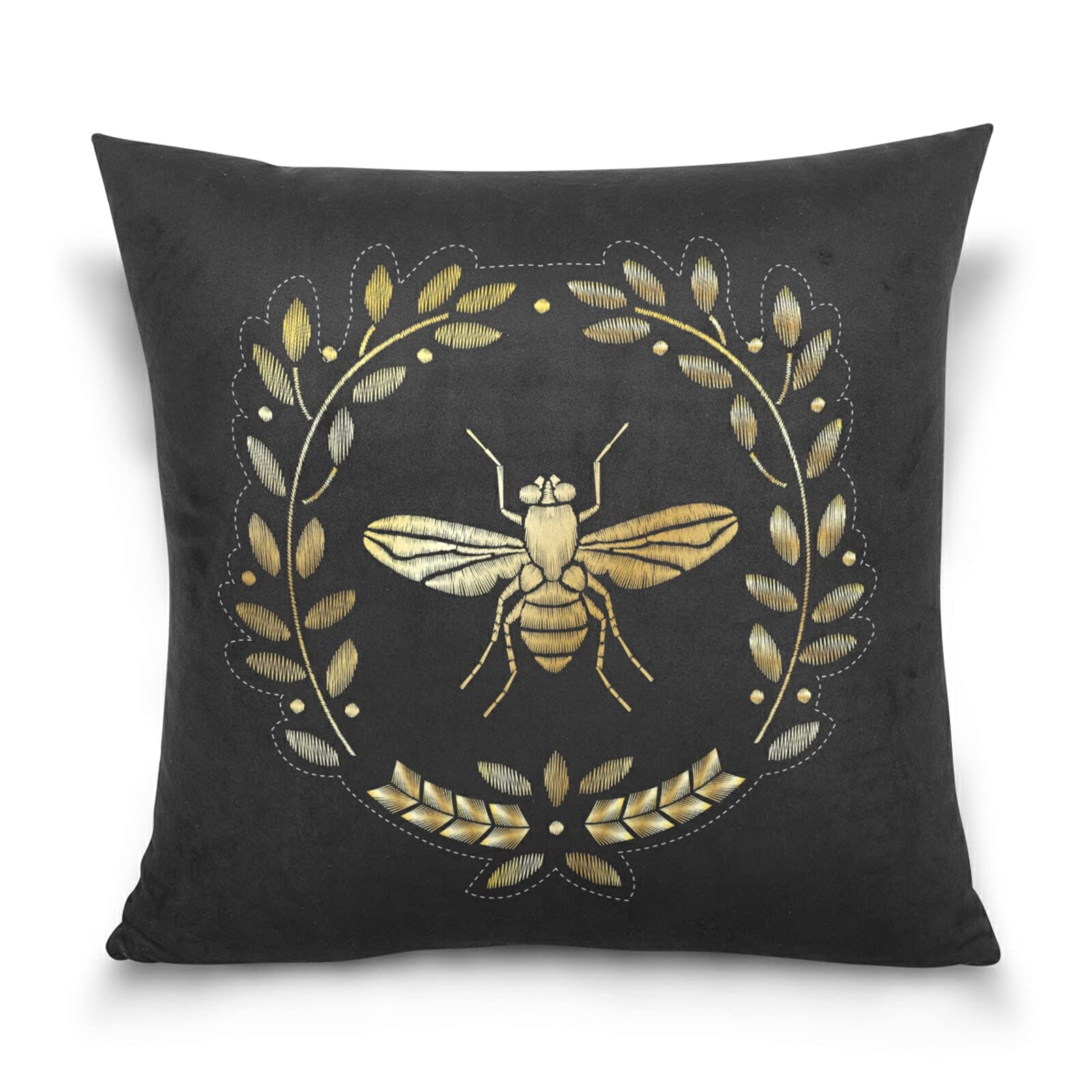Poeticcity Multi 11 Embroidery Heraldry With Yellow Gold Bee Golden Bee On Black Dark Cotton Velvet Throw Pillow, Soft Breathable Bed Pillows, Pillowcase Sham Cushion Covers Twin Sides For Car Couch Bed 16X16 Inches