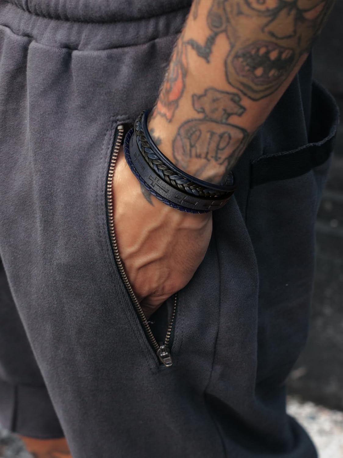 Mens Leather Cross Bracelet Multilayer Braided Wristband Bangle Bracelets with Stainless Steel Buckle Religious Gift for Men Brown/Black/Blue–8.3 inch - Image 2