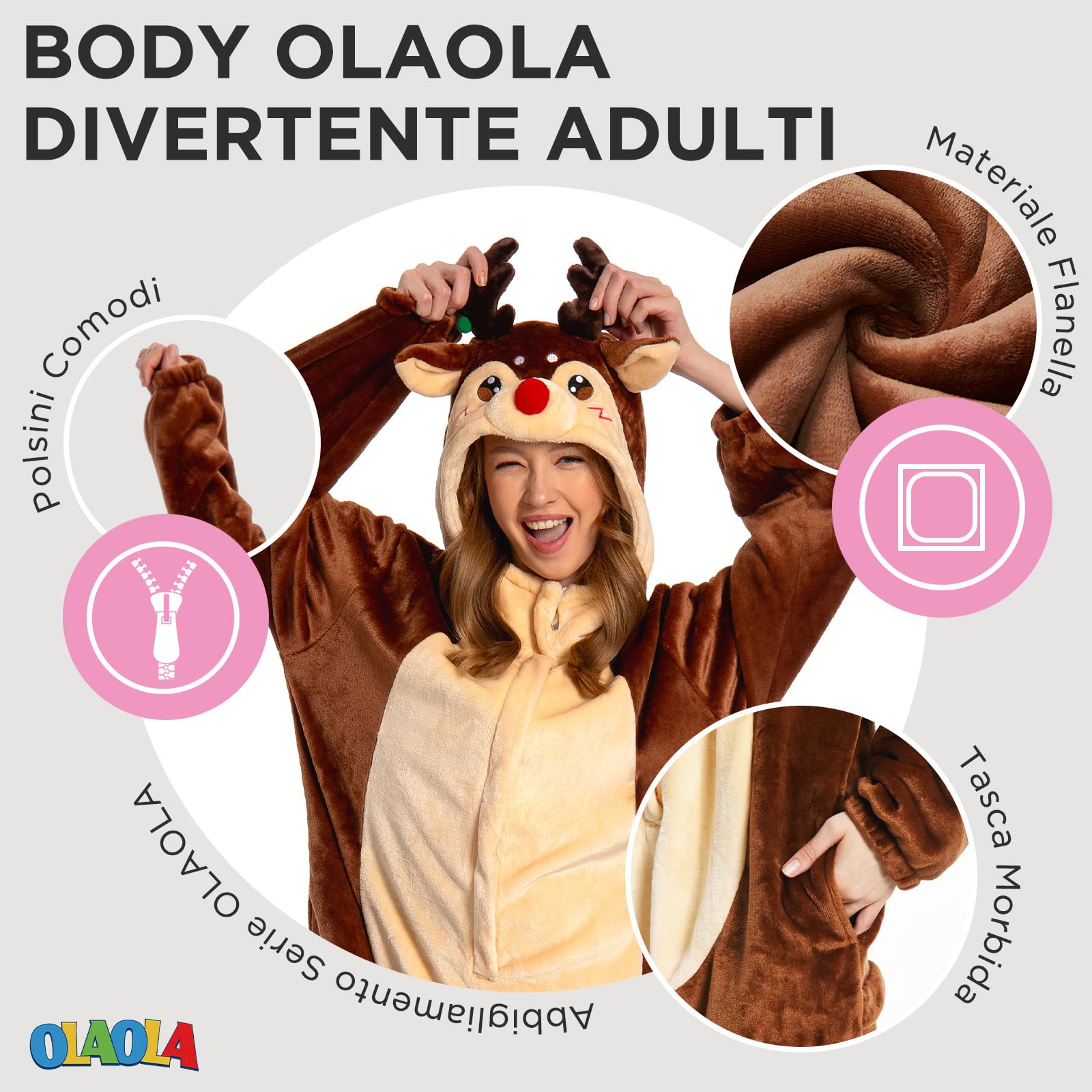 OLAOLA Tuta Intera Adulti Renna Pan di Zenzero Natalizia, Peluche Unisex Morbido per Carnevale, Natale, Halloween