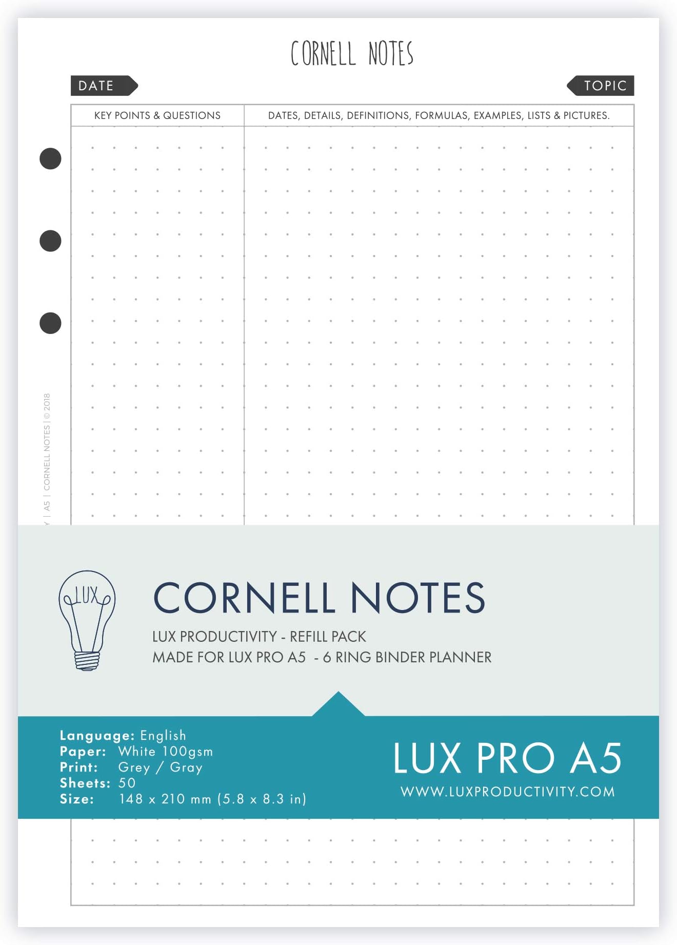 LUX PRO A5: Cornell Notes - LUX Productivity Refill Pack - Planner Page Inserts - Compatible with The LUX PRO A5 6-Ring Binder Organizer