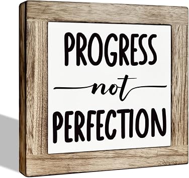 Inspirational Wood Sign, Motivational Box Sign Plaque, Desk Decor Art, Rustic Wooden Tabletop Decor, Freestanding Home Decoration, Progress Not Perfection Signs 5.9x5.9 Inches
