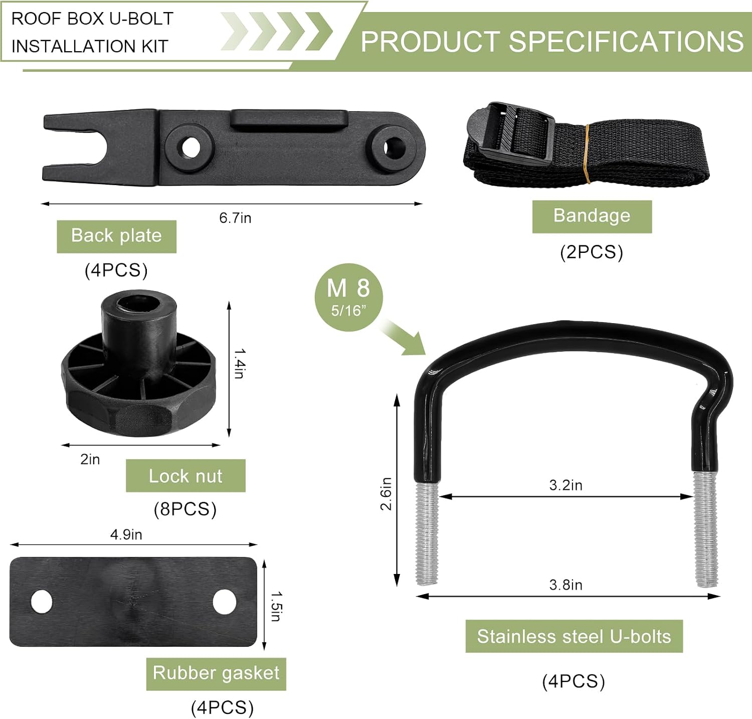 4PCS Roof Box U-Bolt Clamps, 82mm Internal Width Rooftop Cargo U-Bracket Clips with 8 Lock Nuts 2 Straps, Stainless Roof Carrier Rack Clamps Universal Car Mounting Accessory Kit