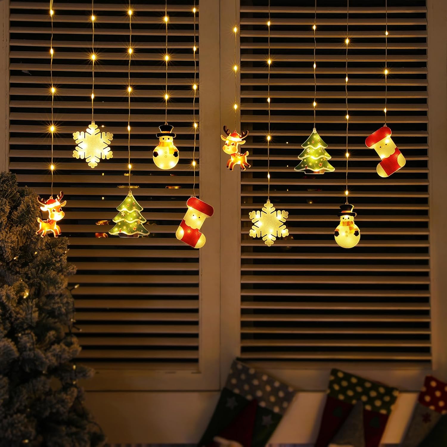 BLOOMWIN Window Lights Christmas Decor - 9.8ft LED Xmas Window Lights Indoor Curtain String Lights - 3D Hanging Christmas Novelty Decorations Bay Window Bedroom Snowflakes Snowman