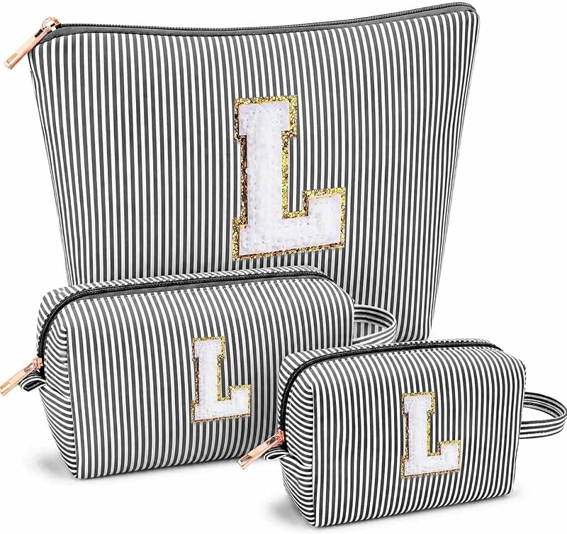 ARIVOY Kit com 3 Necessaires de Maquiagem Listradas Pretas, Tamanhos Variados, Modelo L