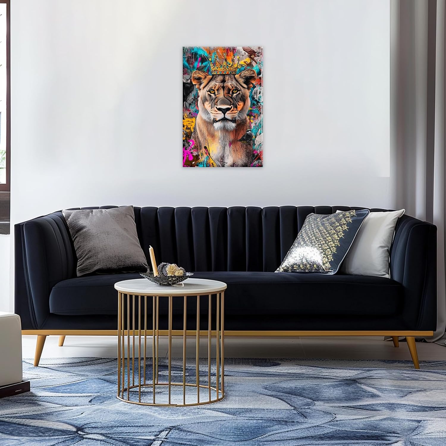 Graffiti Lion Canvas Wall Art Watercolor Wildlife Painting Urban King Animal Art Framed Modern Jungle Decor for Living Room Office(12"x18")