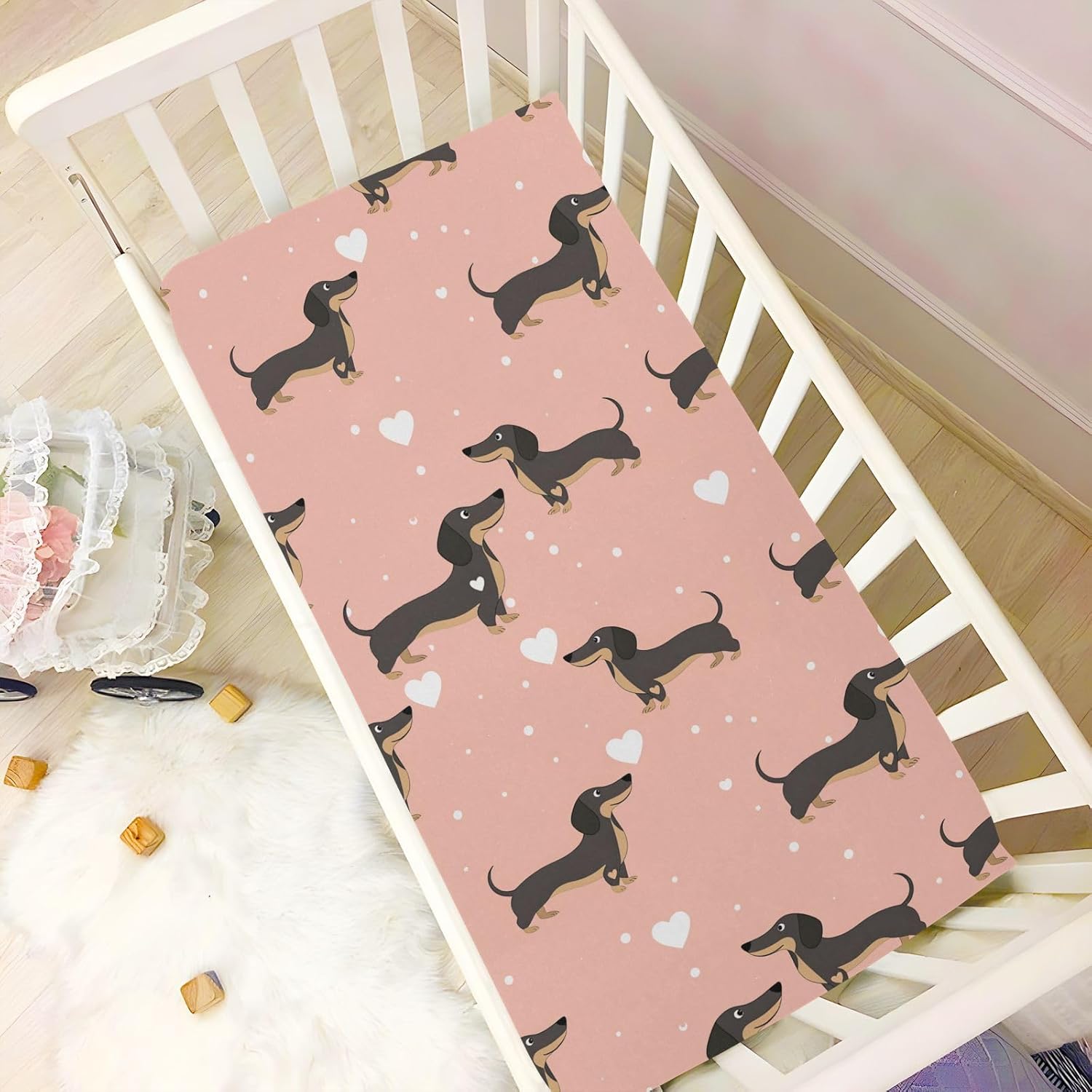 Pfrewn Crib Sheets for Boys Girls Dachshund Fitted Crib Sheet for Mini Crib Mattress Dogs Hearts Stretch Soft Toddler Baby Playard Sheet, 39x27x5IN