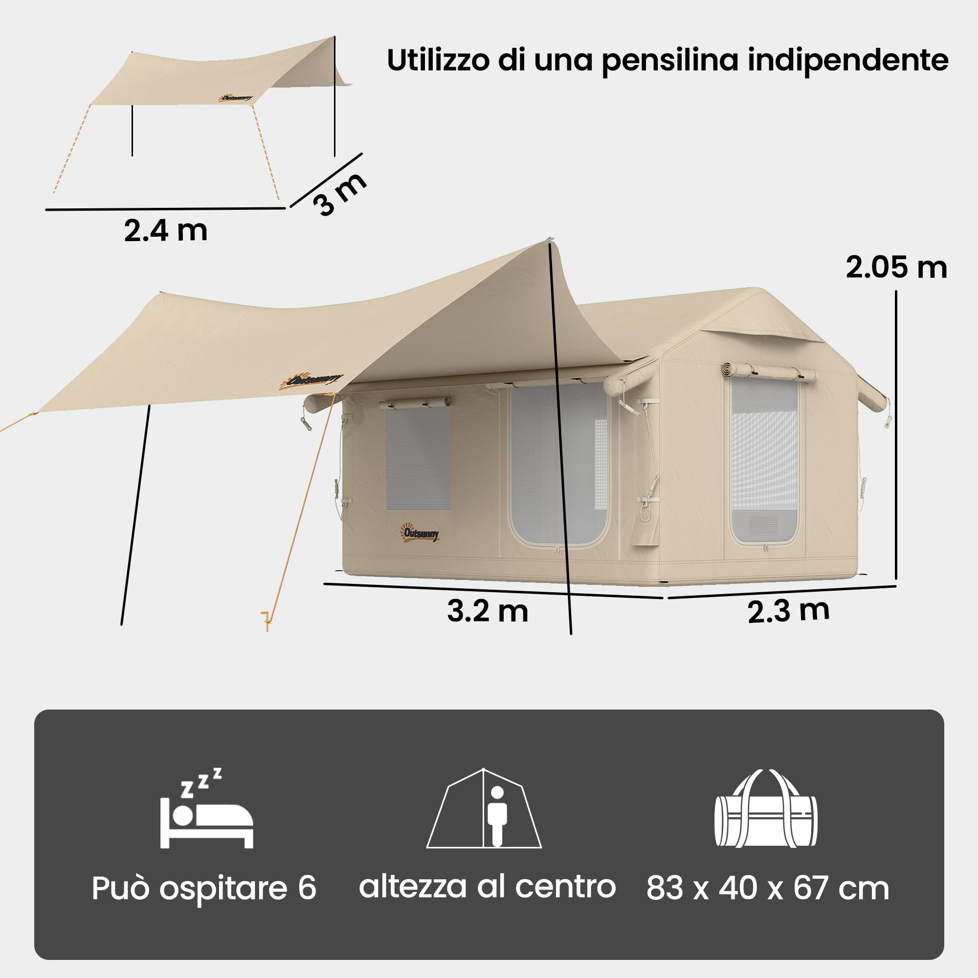 Outsunny Tenda da Campeggio Gonfiabile con Pompa per 6-8 Persone, Tenda Campeggio Impermeabile 3000mm Antivento, con Apertura per Stufa, Tetto Rimovibile e Pavimento Cucito, Montaggio Rapido, Cachi