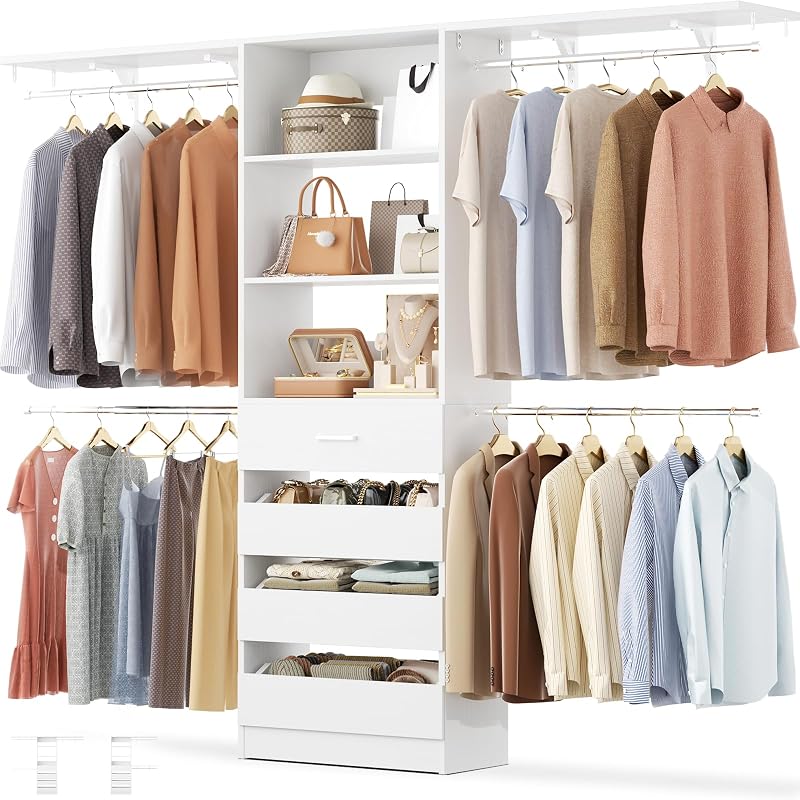 Closet System, Wood Closet Organizer System with Drawers, White | 4 Hanging Rods & Top Shelves, Closet Organizer Wardrobe Clothes Rack System for Walk-in Closet, Cut Fits Spaces 4-9FT. Wide