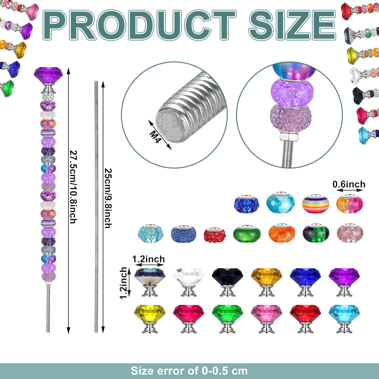 Tigeen 236 Pcs Garden Stake DIY Fairy Wand Plant Stake with 12 Colorful Crystal Stopper Top 12 Threaded Rod with 200 Large Hole Bead for Spring Summer Holiday Outdoor Decorations(Classic)
