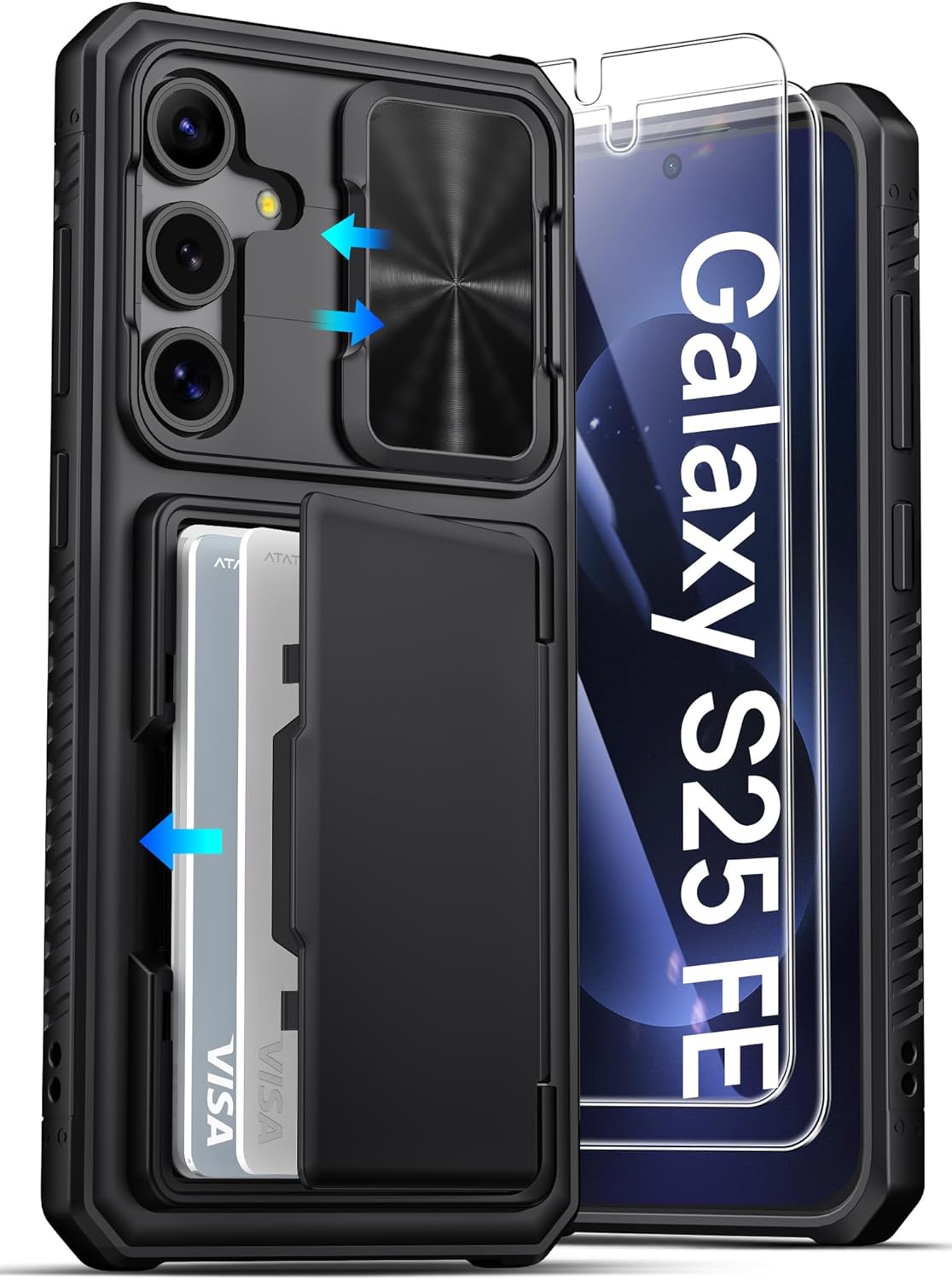 ATATOO for Samsung Galaxy S25 FE Case Wallet with HD Tempered Glass Screen Protector [2 Pack], Build-in Card Holder, Slide Camera Cover, Drop Protection, Hard Case for Galaxy S25 FE 6.7", Black