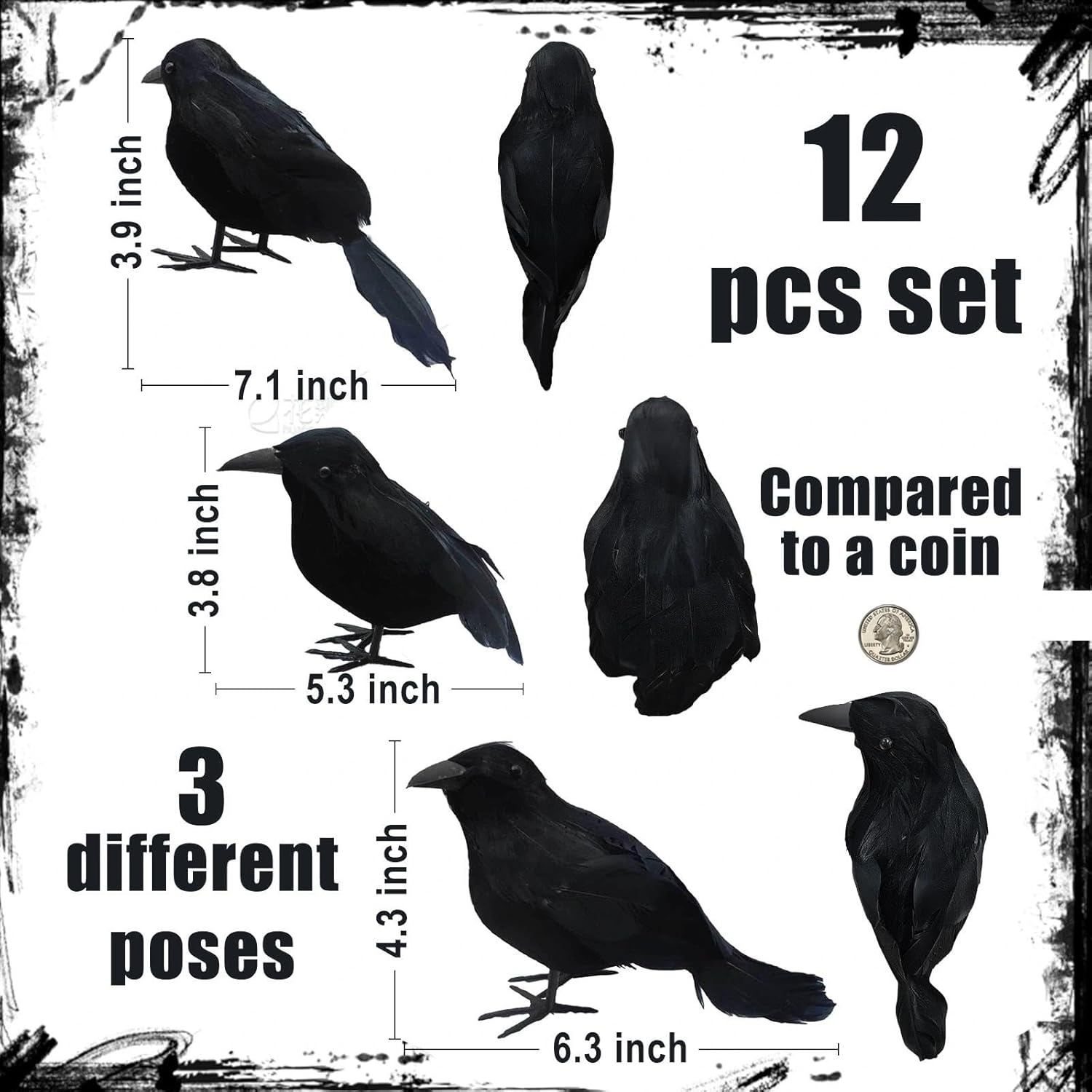12 Pcs Realistic Black Crows, Small Size Birds Ravens Feathered Animals Party Decorations Gothic Props for Indoor Outdoor