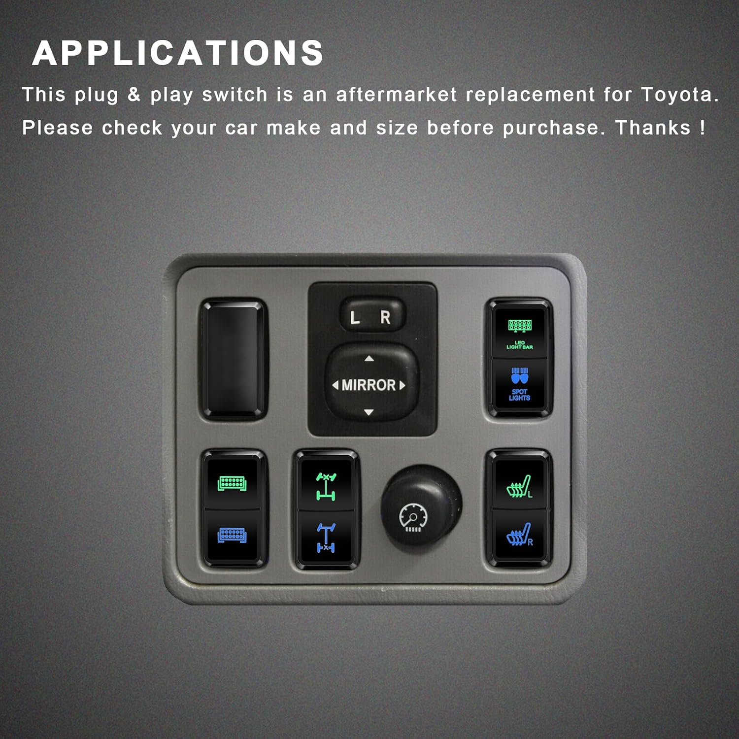Front Camera/Rear Camera Push Switch 12V Green Blue Led Dual Button Switch 1.54" x 0.83" for Toyota Prado 100 200 Series Hilux 4Runner Tacoma FJ Cruiser Landcruiser Tundra HiAce