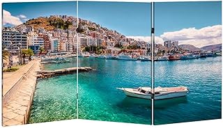2 Ft Room Divider Screen Spring Cityscape Saranda Port Picturesque Ioninian Seascape Bright Portable Short Canvas Folding Screen 3 Panel Freestanding Separator Privacy Partition Indoor Home Office
