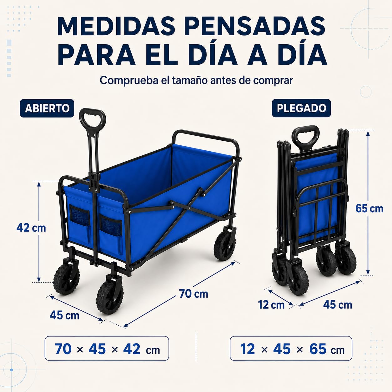 Carro Plegable con 4 Ruedas, Carrito de Transporte con Asa Telescópica y 2 Bolsillos Frontales, Carro para Playa, Camping, Picnic y Compras, Azul
