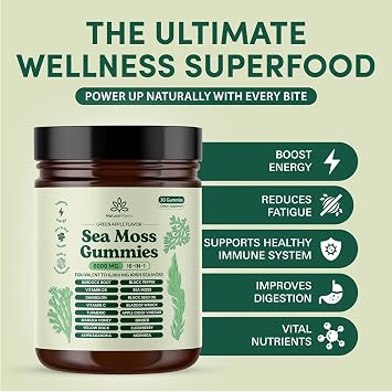 Natural Rems Sea Moss Gummies 16-in-1 - Ashwagandha Black Seed Oil Bladder Wrack Turmeric Vitamin C & D3 with Manuka Burdock Root Dandelion Yellow Dock Elderberry Apple Cider Vinegar (Green Apple)