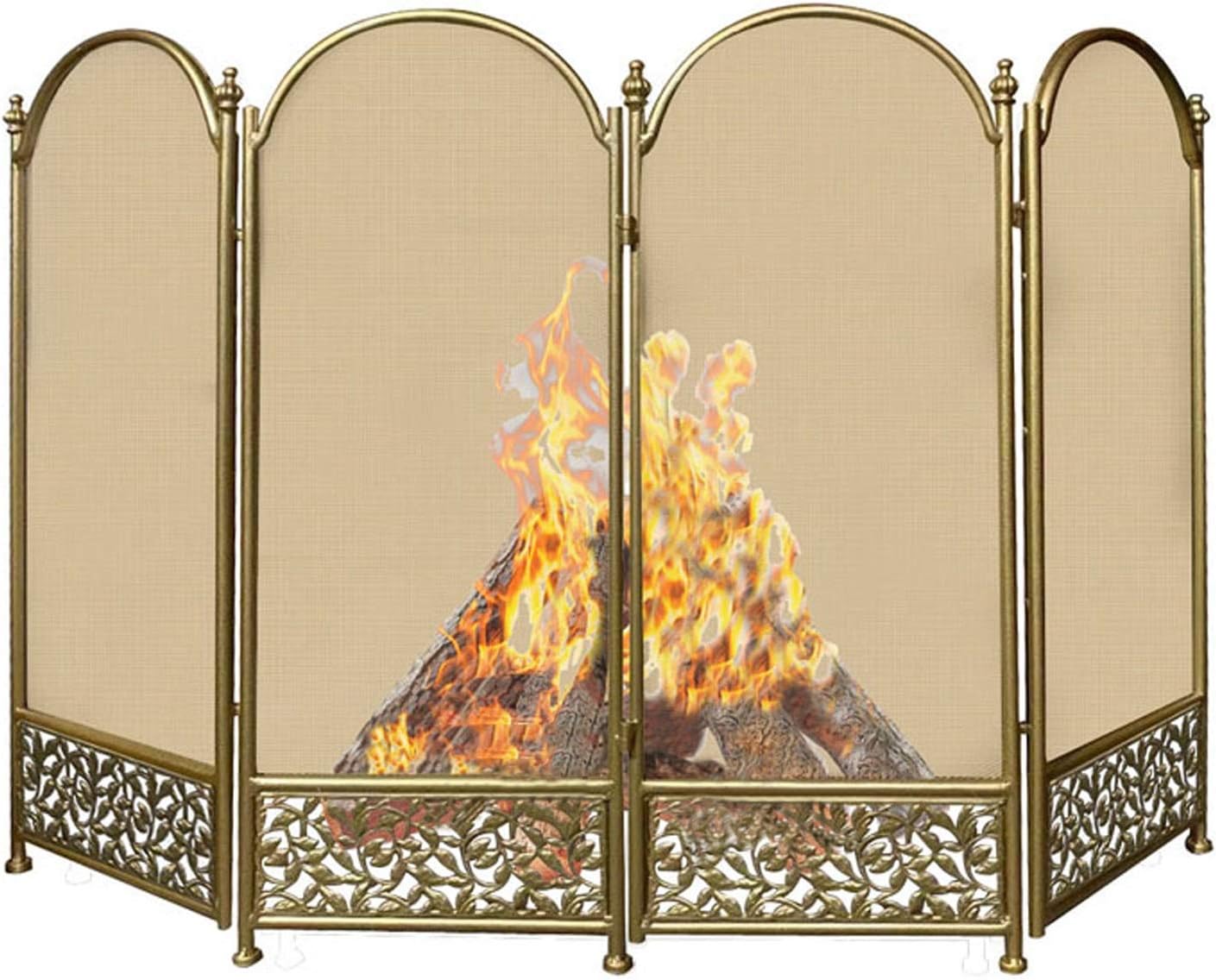 Fireplace Screens Decorative 4 Panel Wrought Iron Large Screen Fireplace Screen Outdoor Indoor for Spark Protection and Christmas Tree Fence with Elegant Arch Design and Pattern Fireplace Screen (Gold