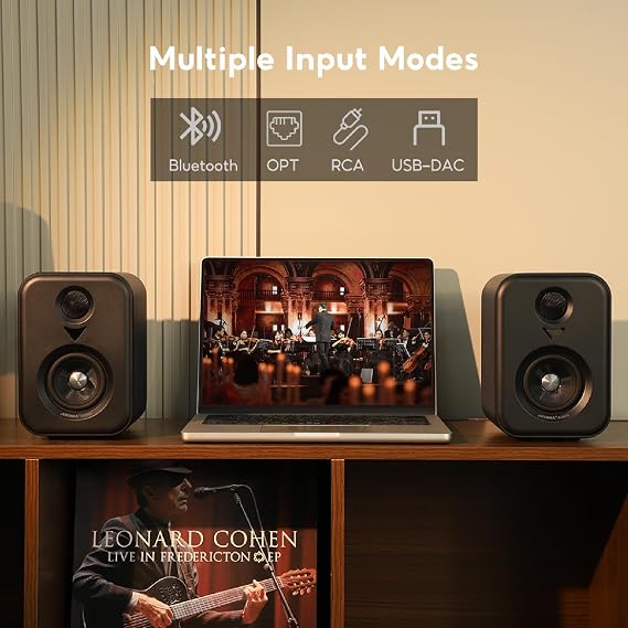 AIYIMA S400 80 Watt 2.0 Channel Home Audio Active Bookshelf Speakers | Sub Out, TPA3118 Amp Chip, Bluetooth/Optical/RCA/USB Input for TV, Treble & Bass Tone with Remote