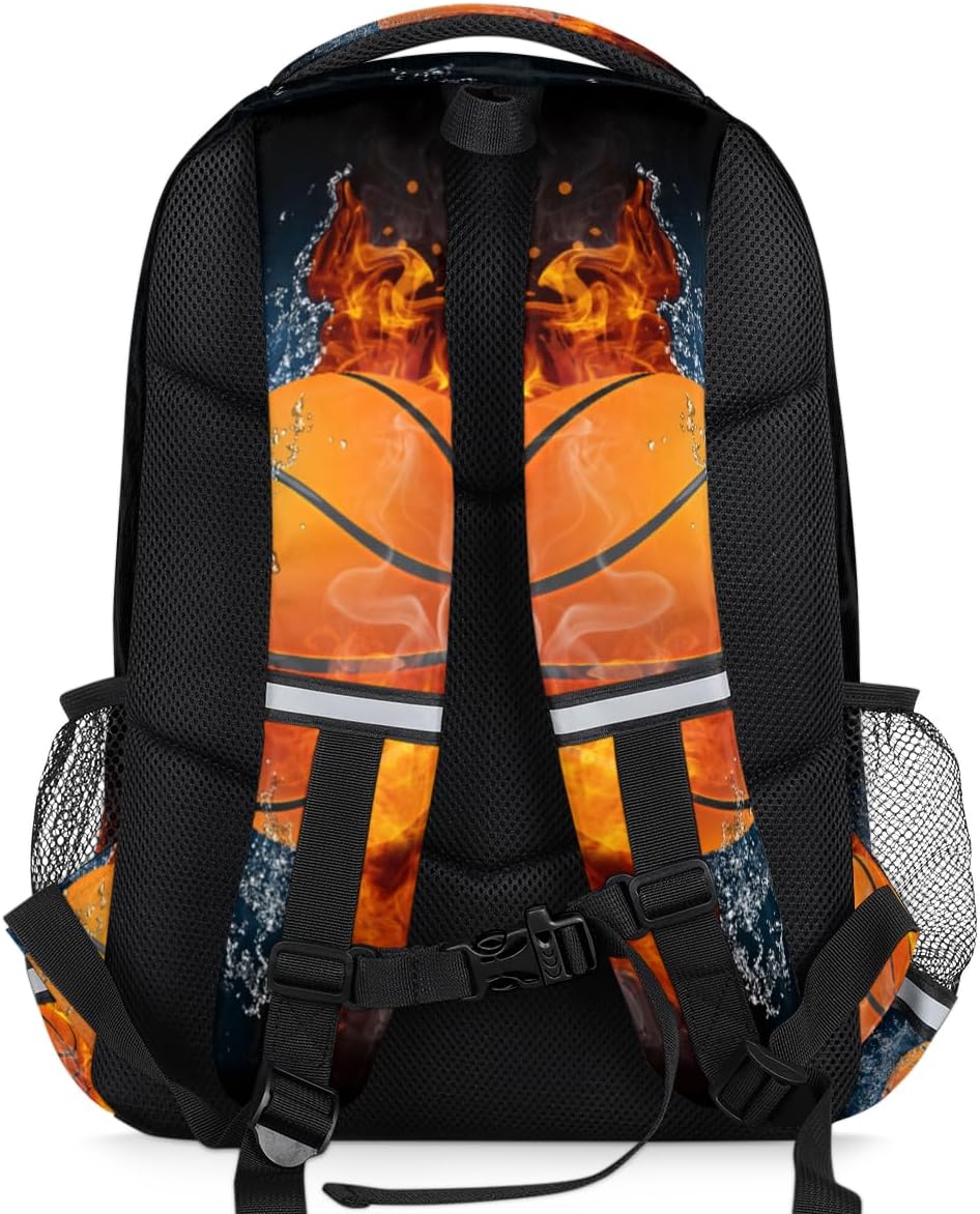Sport Basketball Ball Water Fire School Backpack for Girls Boys 15 In Laptop Backpack Bookbag Primary School Daypack Knapsack Causal Bag for Travel Camping