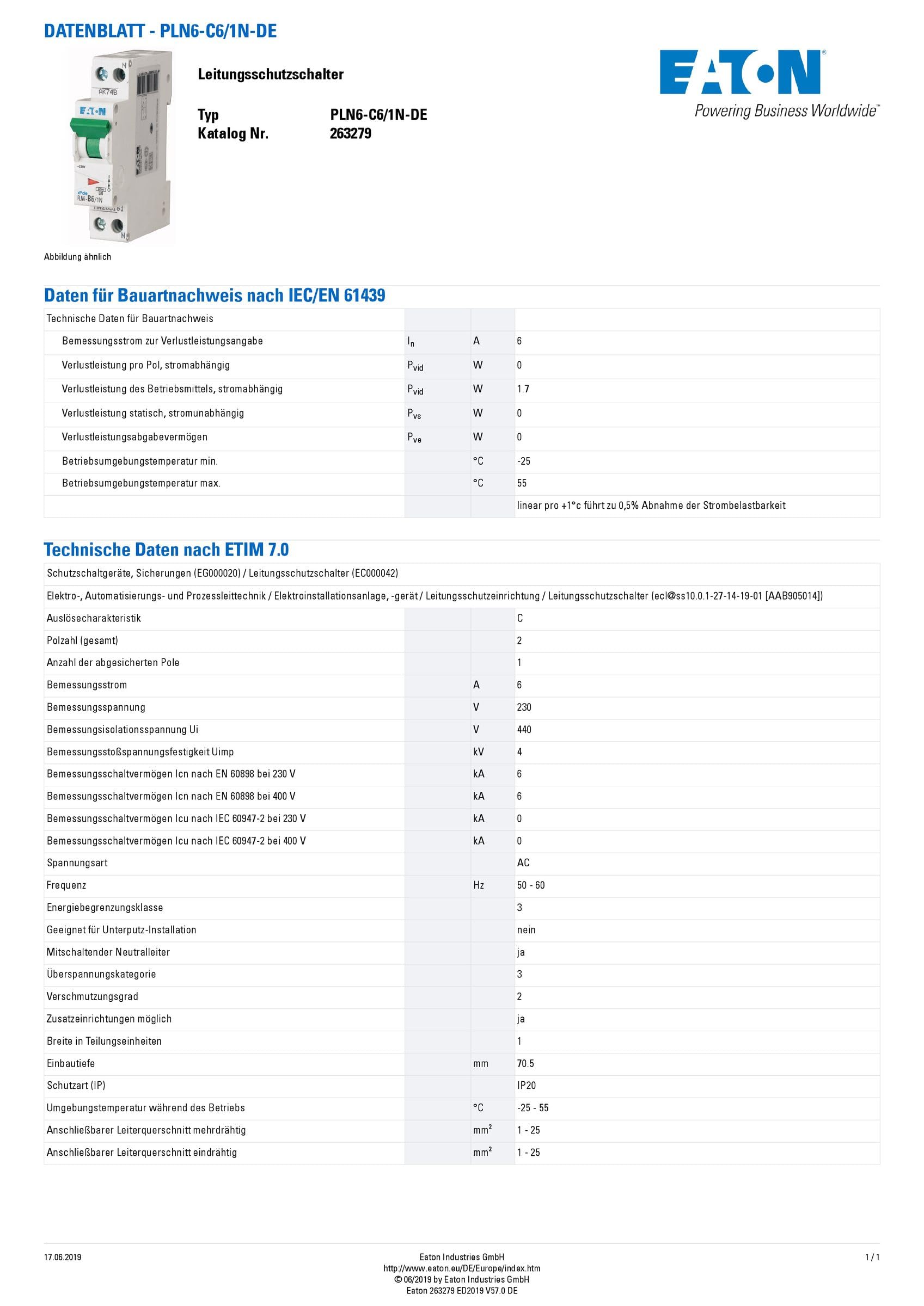 Eaton PLN6-C6/1N-DE Disjoncteur 6 A 1P+N 1 pôle + N - Caractéristique C - Interrupteur LS 1 TE une unité de division large (263279)