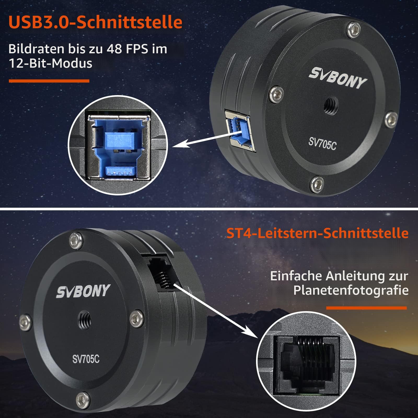 Svbony SV705C Astrokamera, USB3.0 FarbKamera mit IMX585 Color CMOS ST4 Port Groß Full Well, Dual Gain HDR Hohe NIR Empfindlichkeit, Teleskop Okular Kamera für Planetare Fotografie EAA Bildgebung